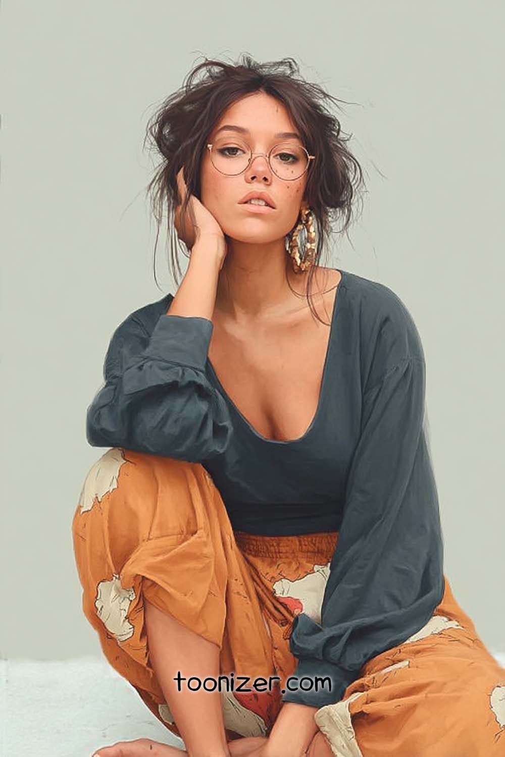 Woman in glasses with patterned pants sitting.