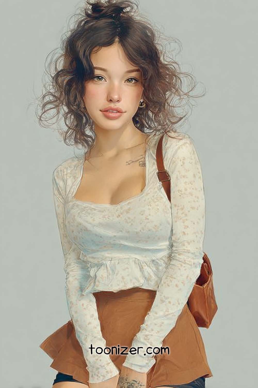 Digital portrait of a woman in a floral blouse.