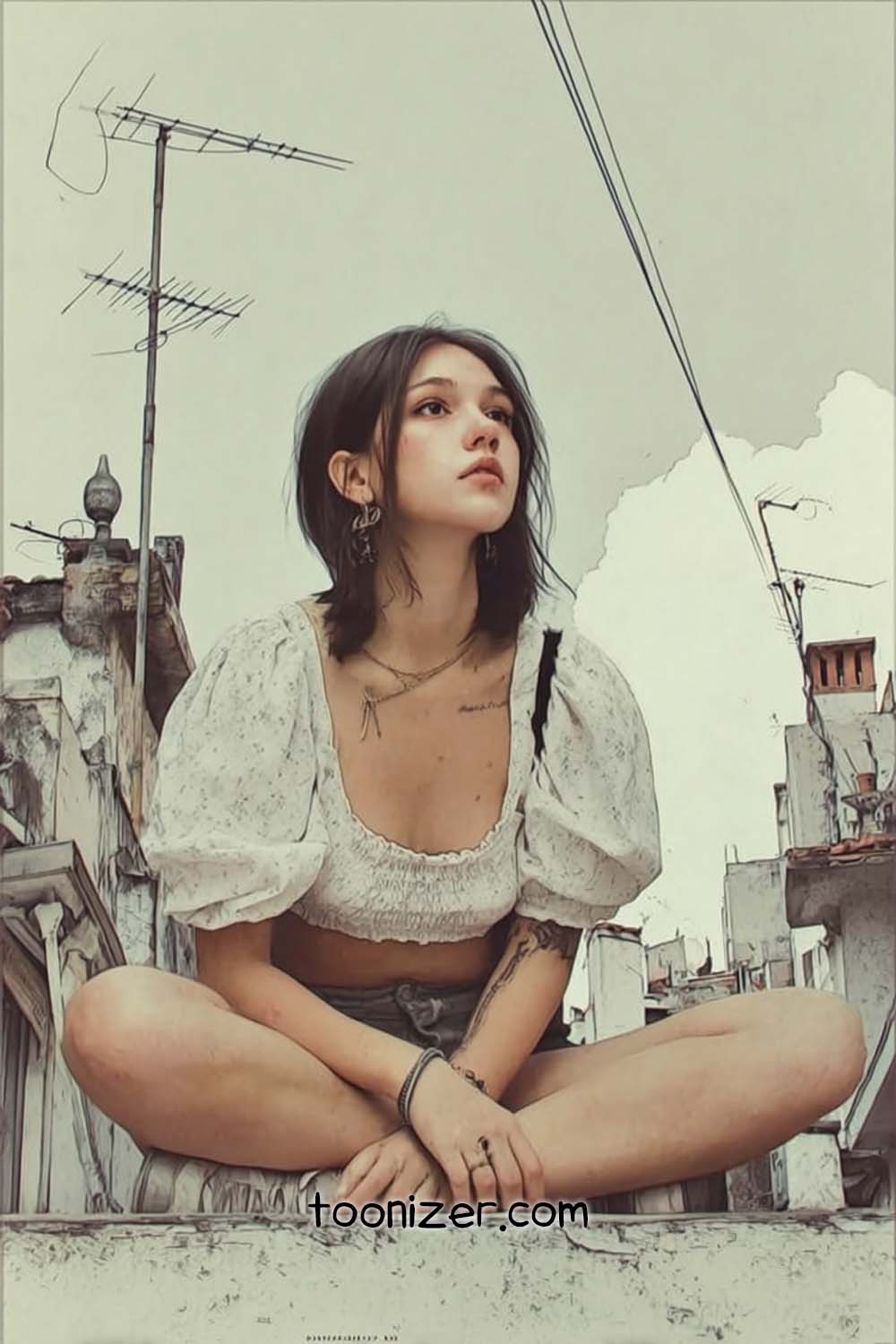 Woman sitting on rooftop with antennas.