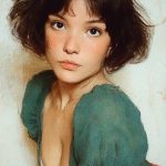 Digital portrait of a young woman in green blouse.