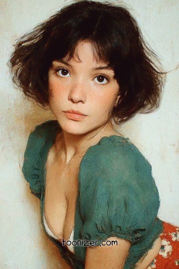 Digital portrait of a young woman in green blouse.