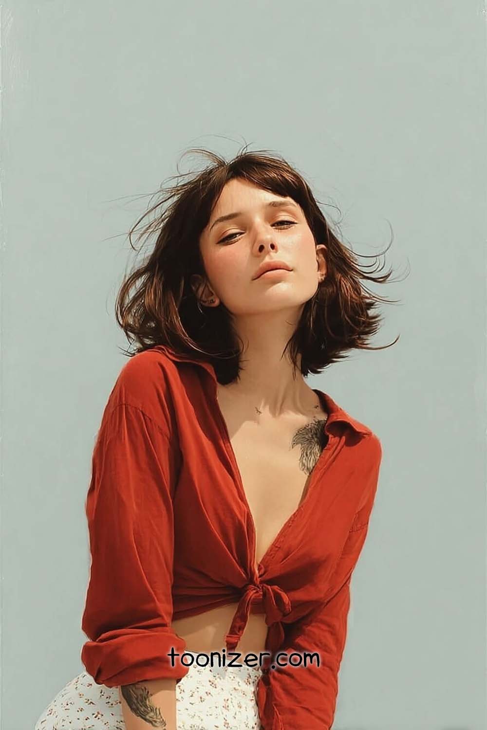 Woman in red shirt with tattoos, blue background.