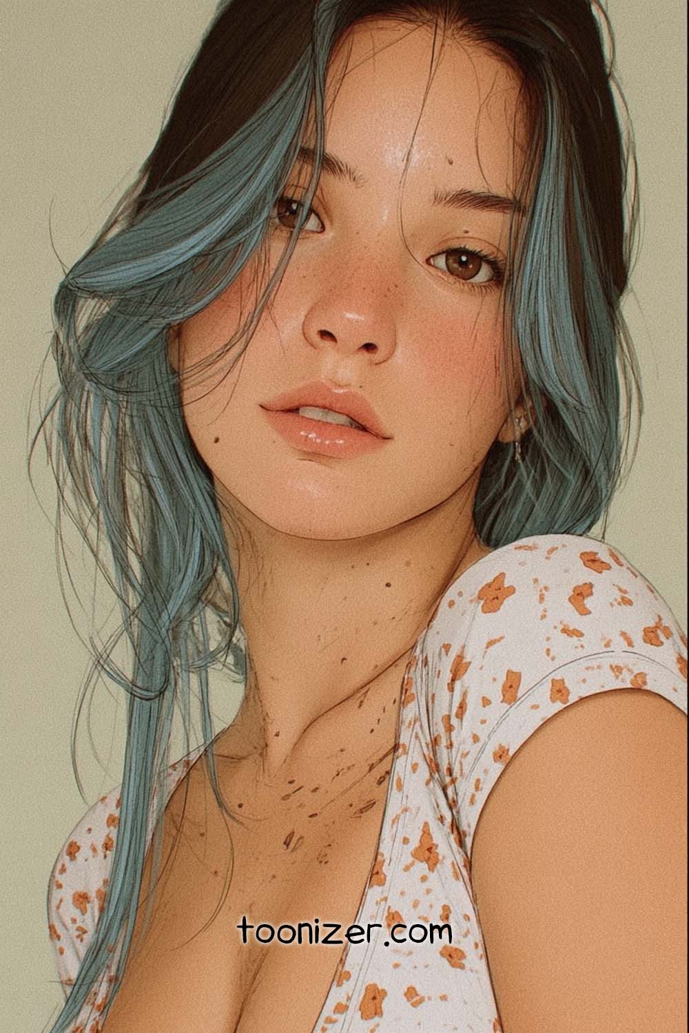 Digital portrait of woman with blue hair.