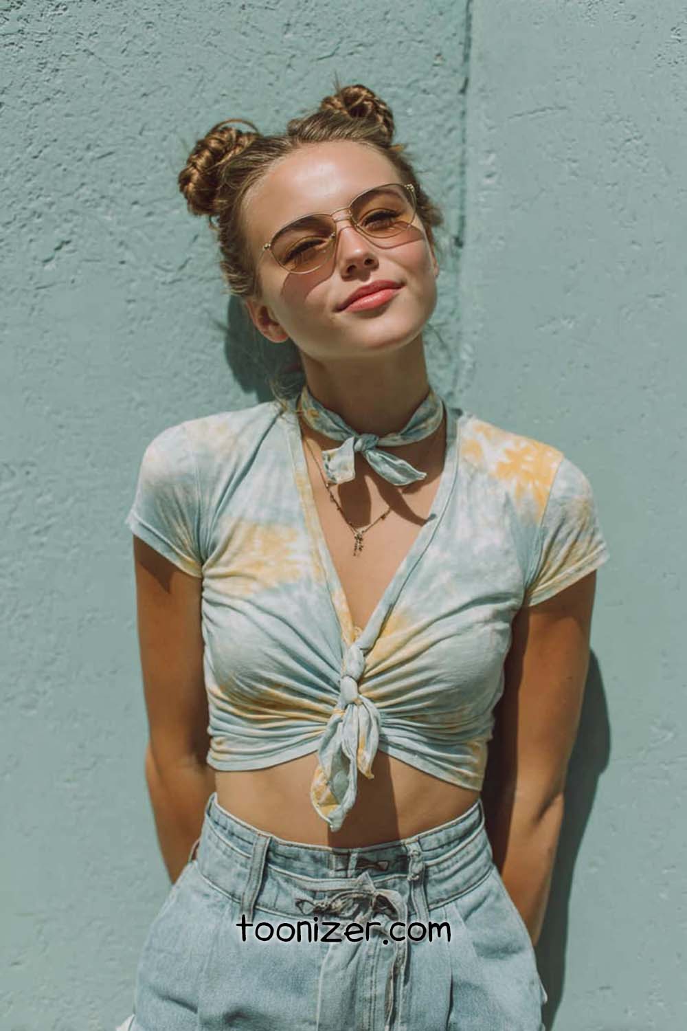 Woman wearing tie-dye top and sunglasses outdoors.