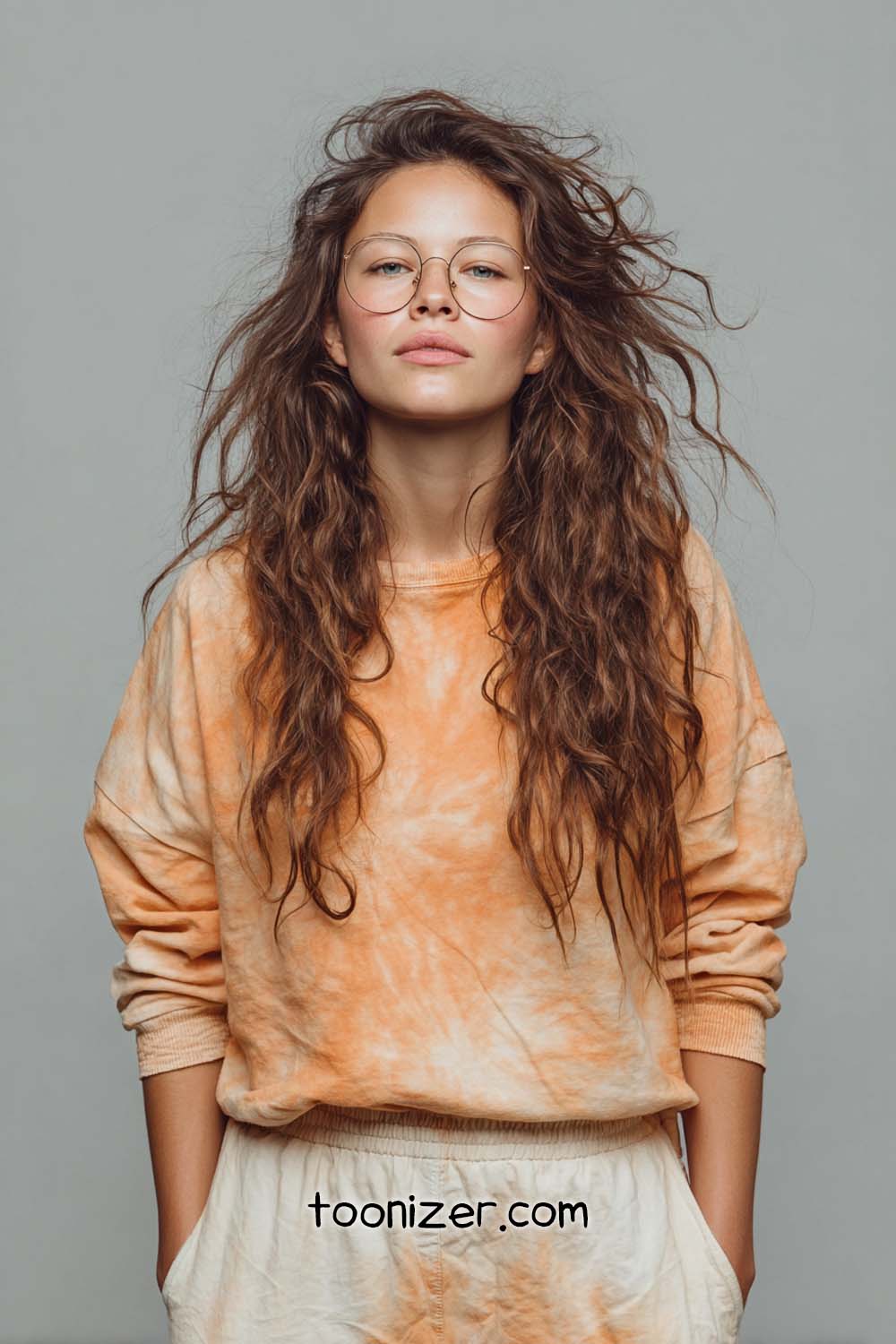 Person in orange tie-dye shirt with glasses.