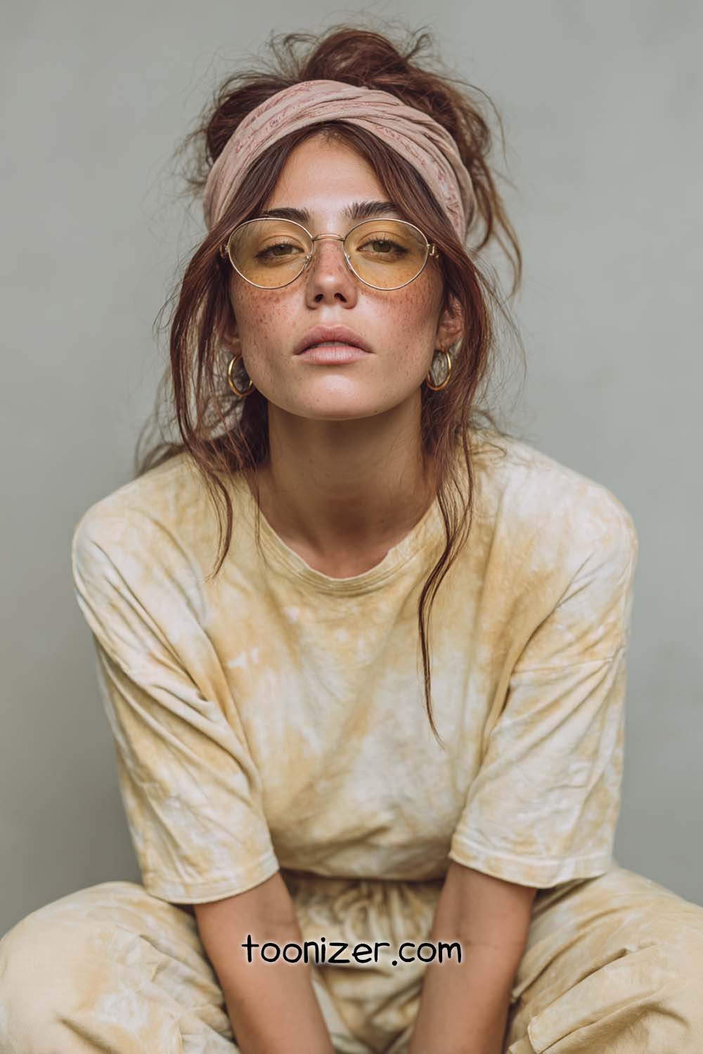 Woman with glasses and headband, wearing tie-dye outfit.