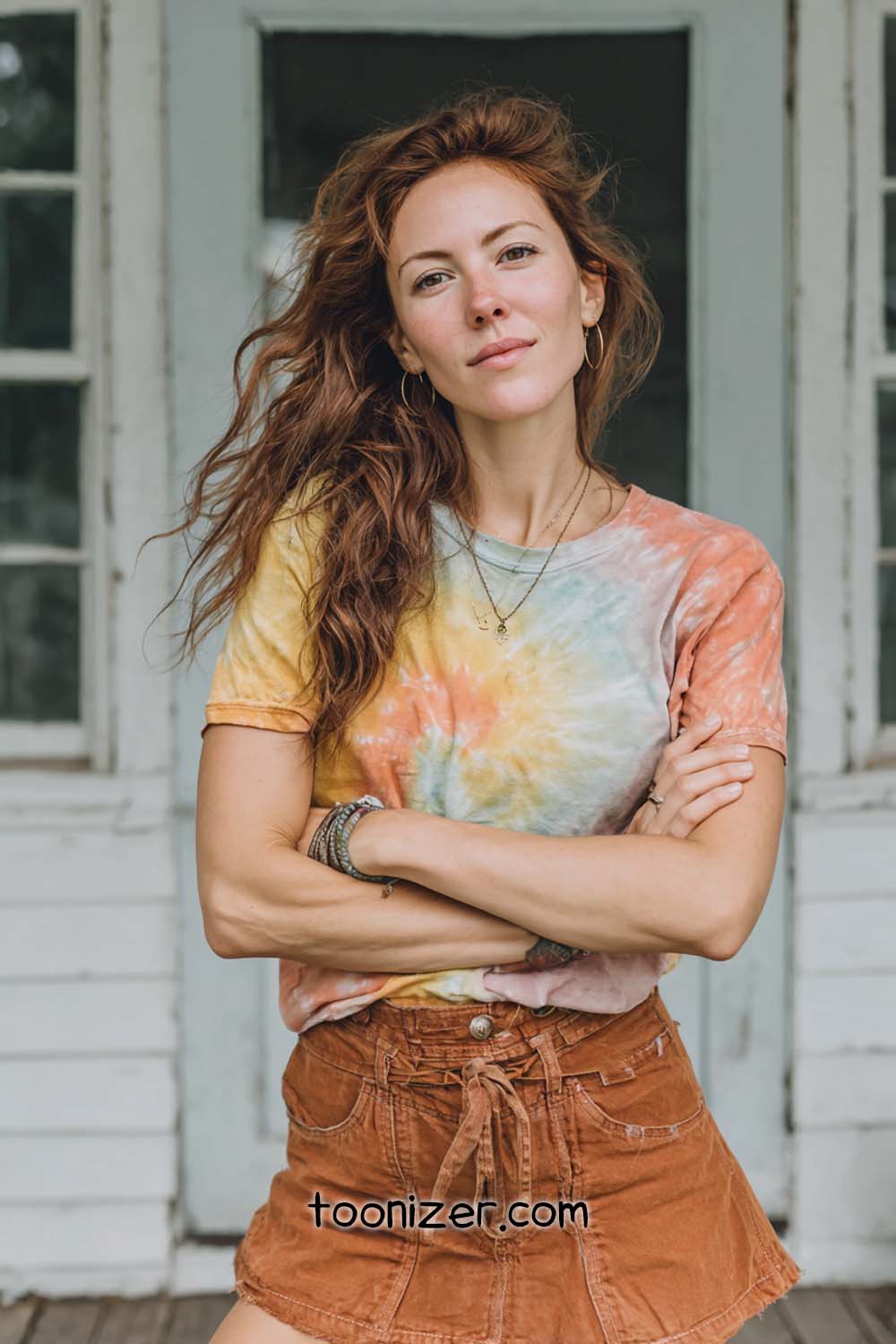 Person in tie-dye shirt outside building