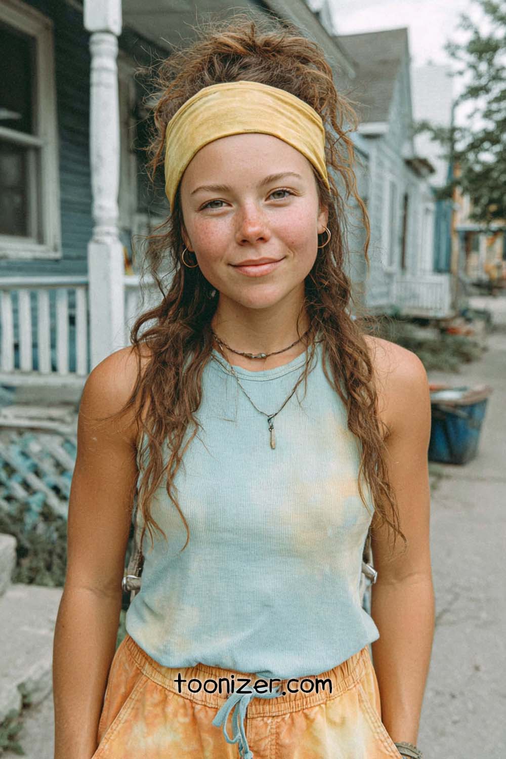 Person with headband smiling outdoors