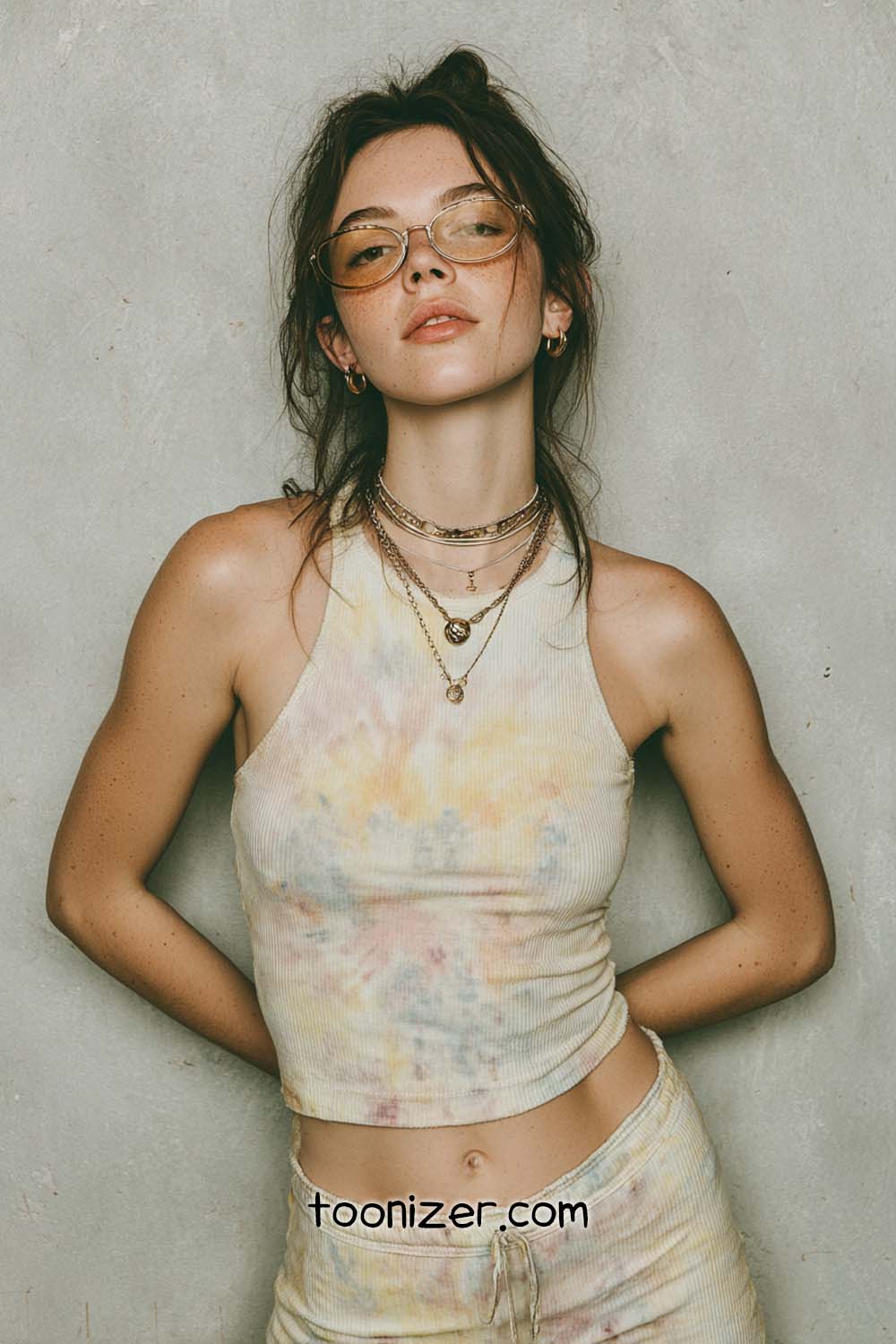 Woman in tie-dye outfit against wall