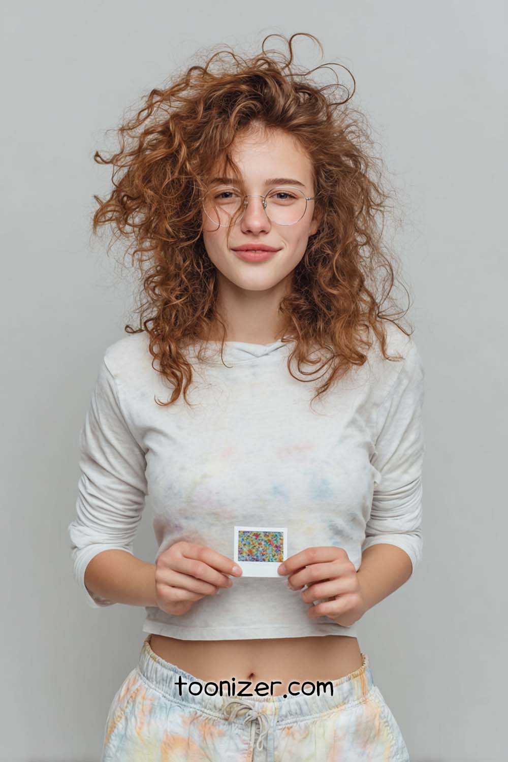 Person holding colorful photo, casual outfit, curly hair.