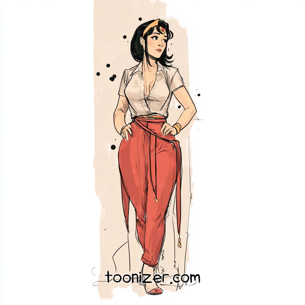 Illustration of woman in red pants and white shirt