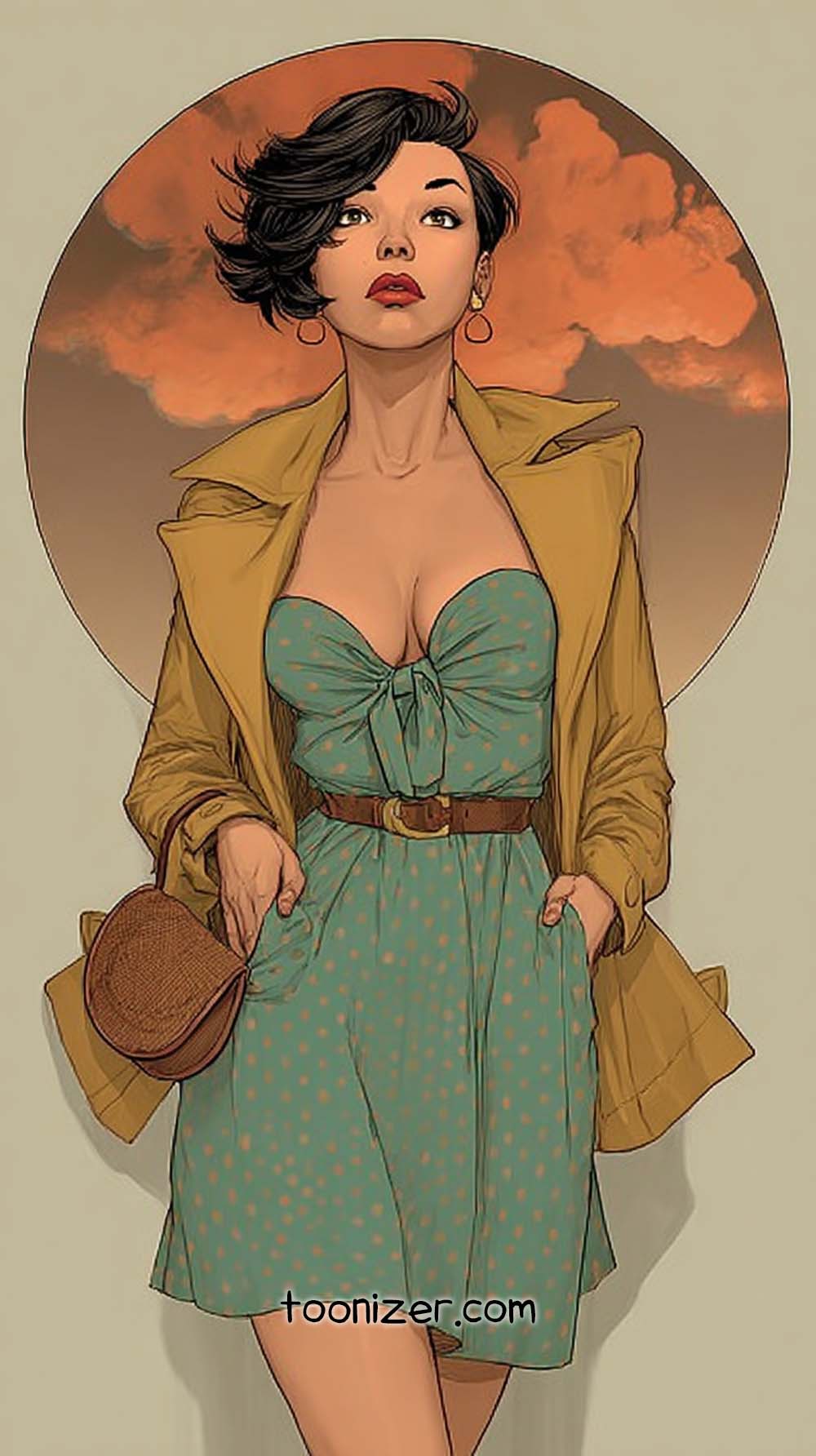 Stylish woman in polka dot dress, retro illustration.