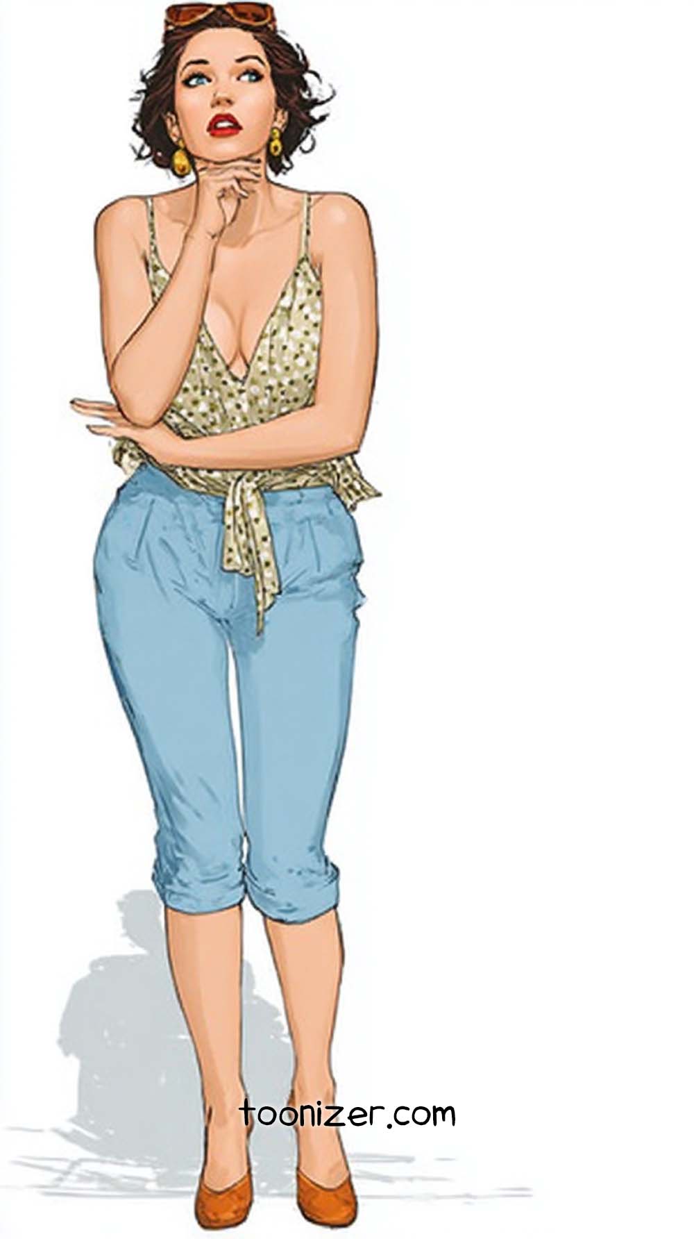 Stylish woman in vintage-inspired outfit illustration.