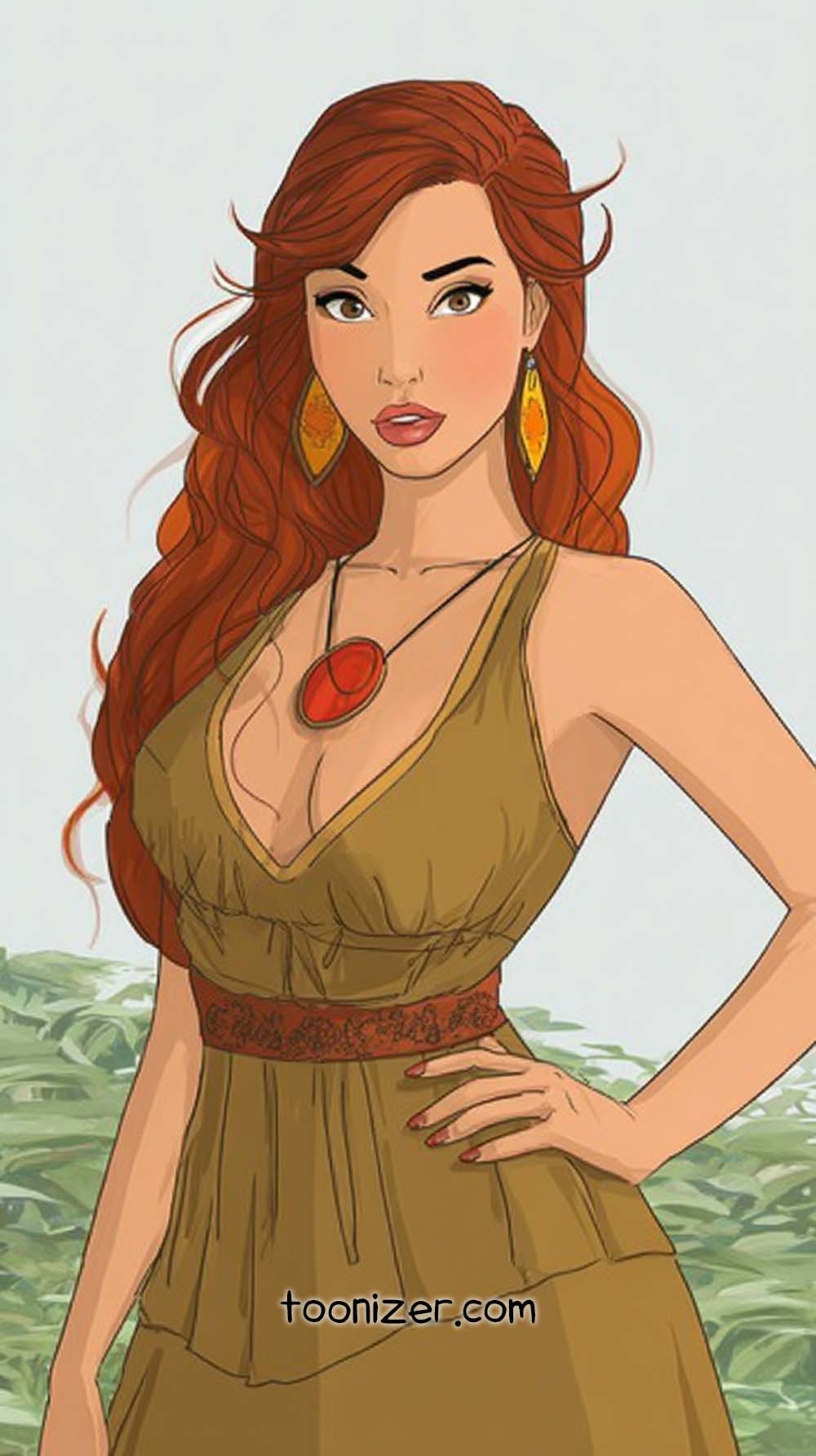 Red-haired animated woman in brown dress, red jewelry.
