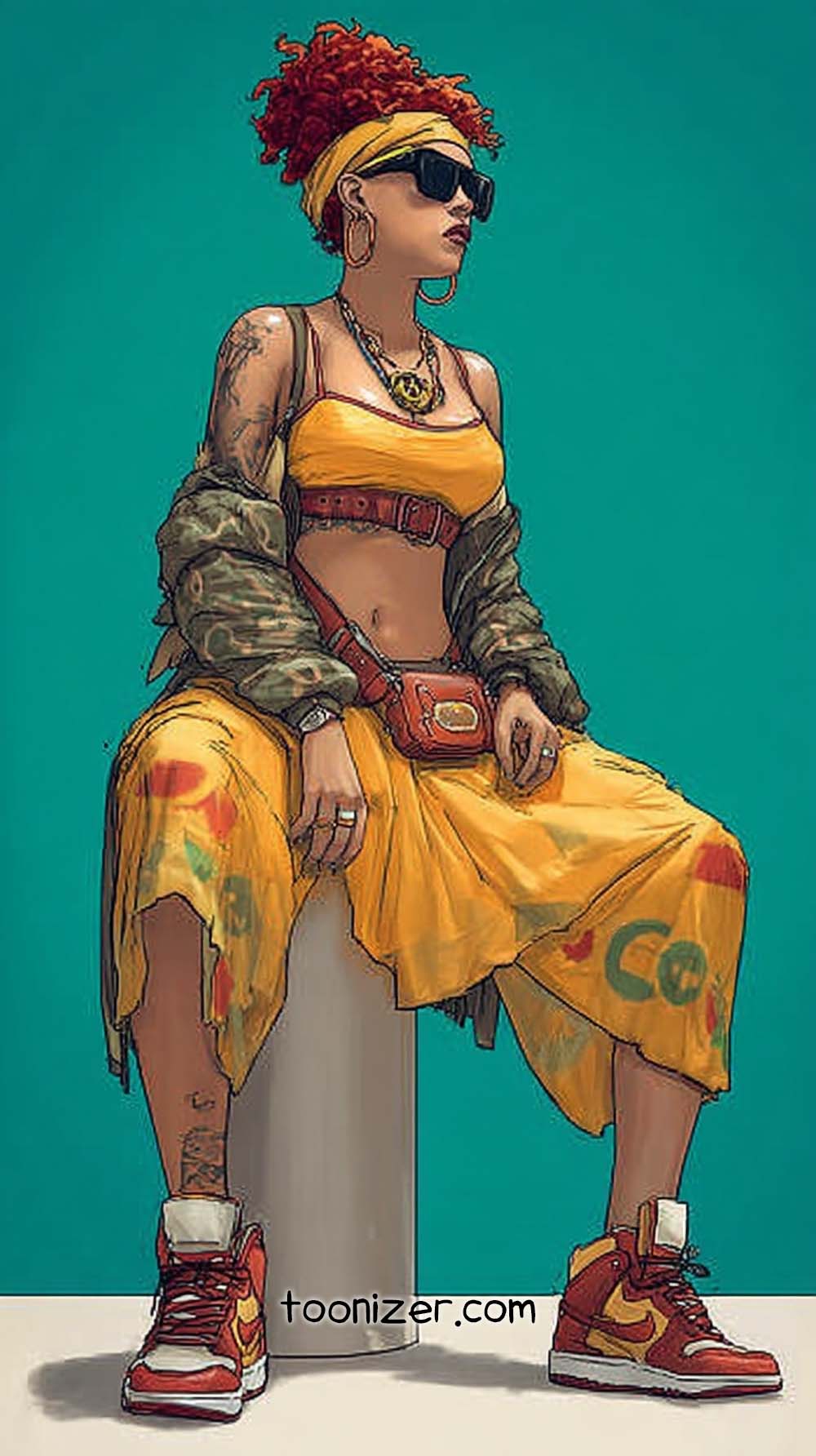 Stylish woman in vibrant urban outfit and sneakers.