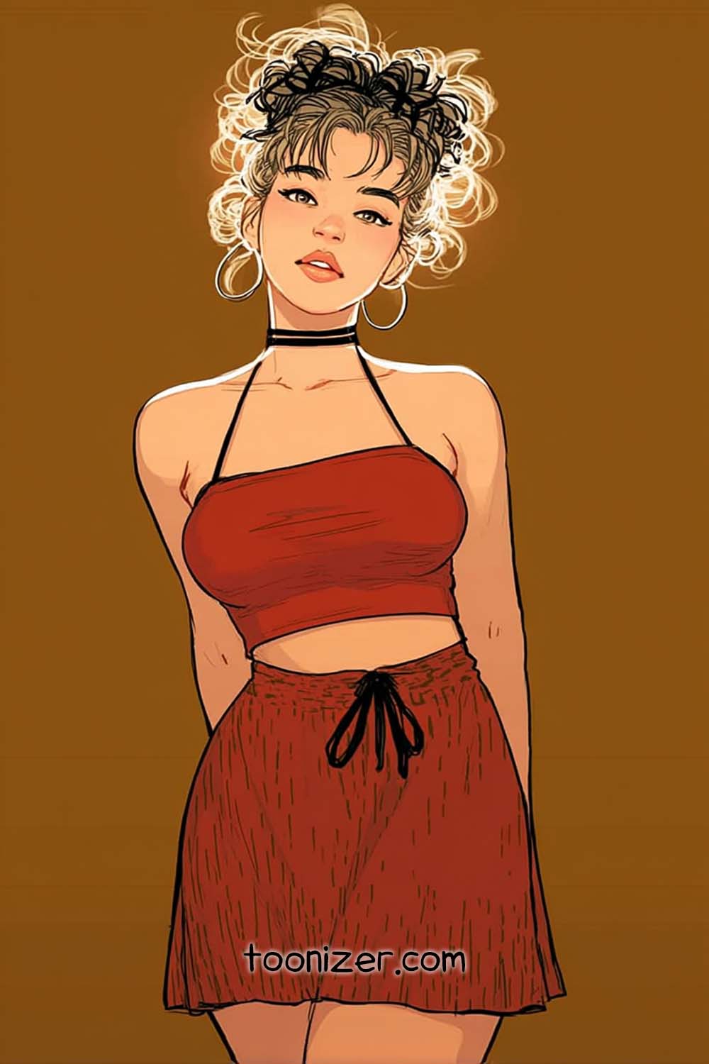 Illustration of a woman with curly hair and dress.