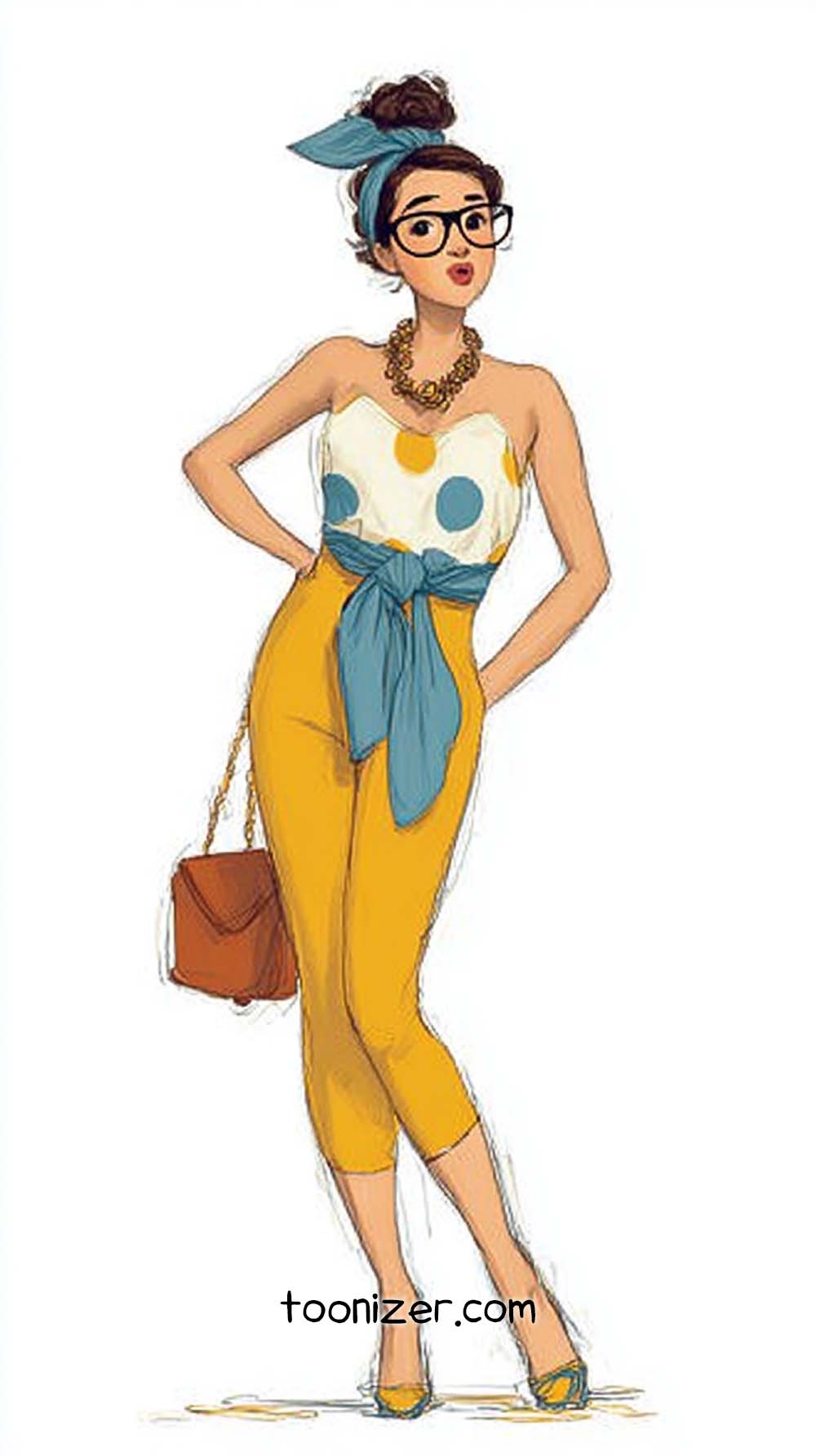 Stylish cartoon woman with glasses and handbag.