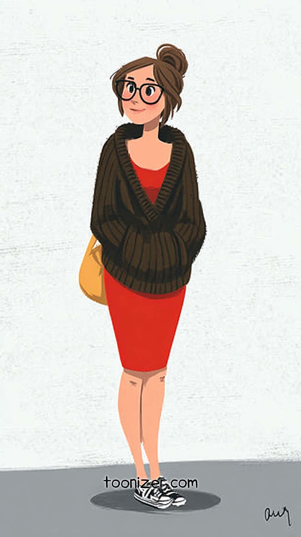 Cartoon woman with glasses in casual attire.