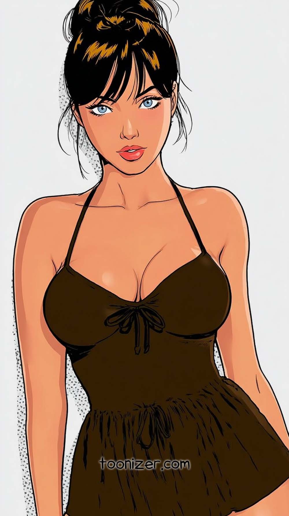 Cartoon woman with blue eyes and dark hair