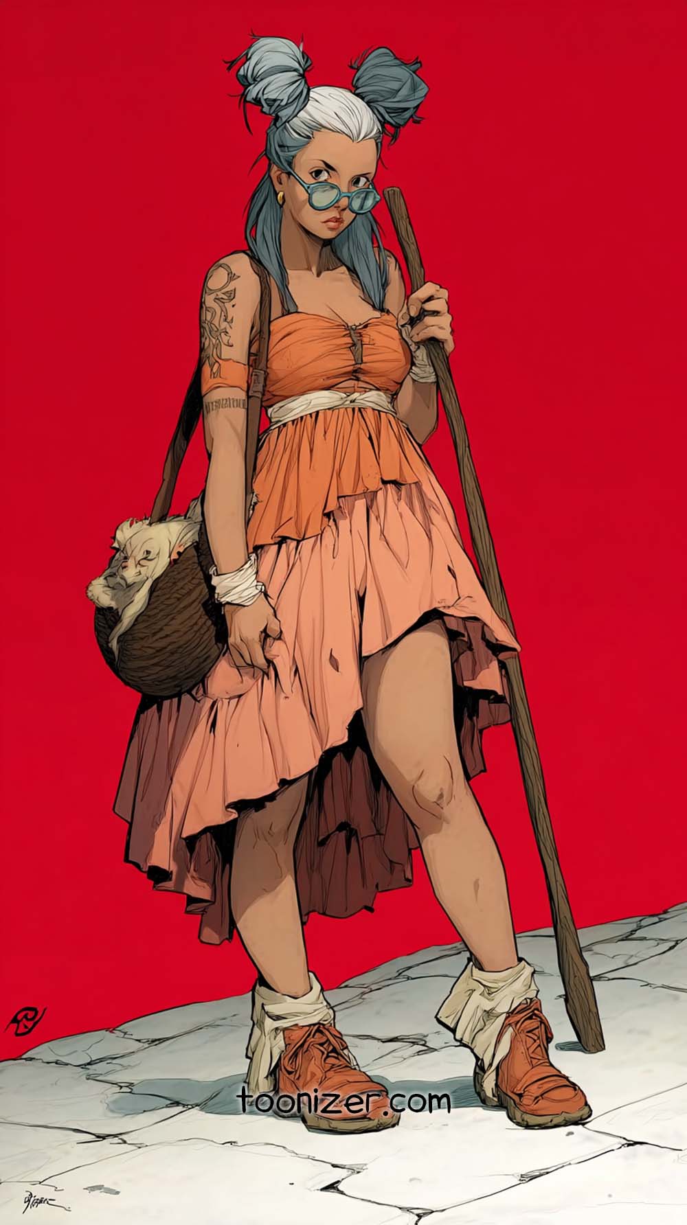 Stylish cartoon woman with basket and stick