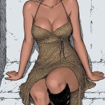 Illustrated woman sitting wearing sunglasses and dress.