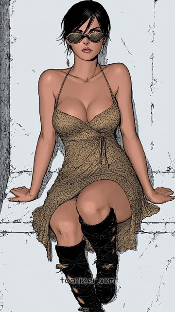 Illustrated woman sitting wearing sunglasses and dress.