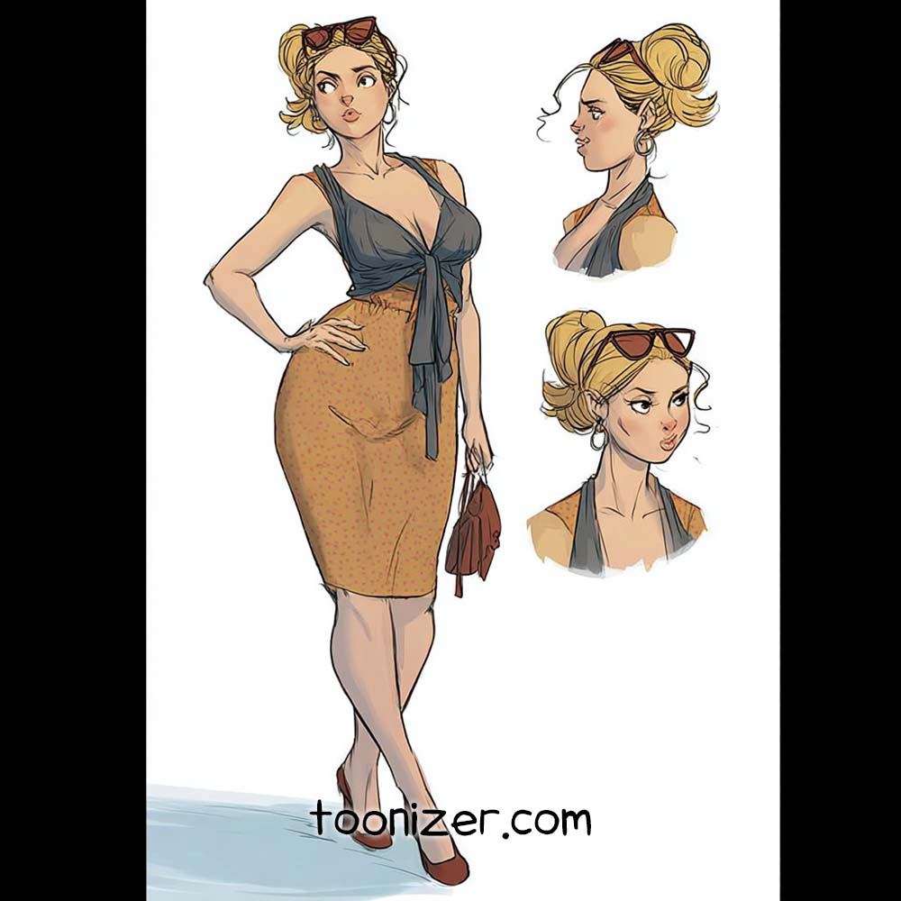 Cartoon woman in vintage outfit with sketches.