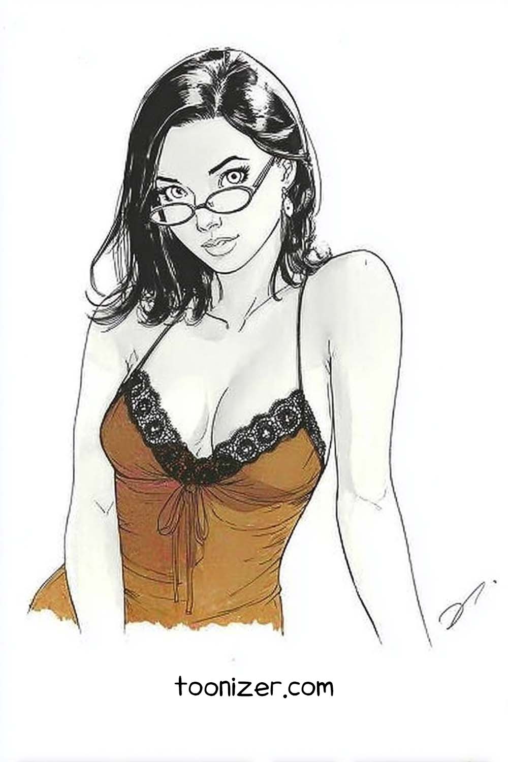 Cartoon woman with glasses in lace top