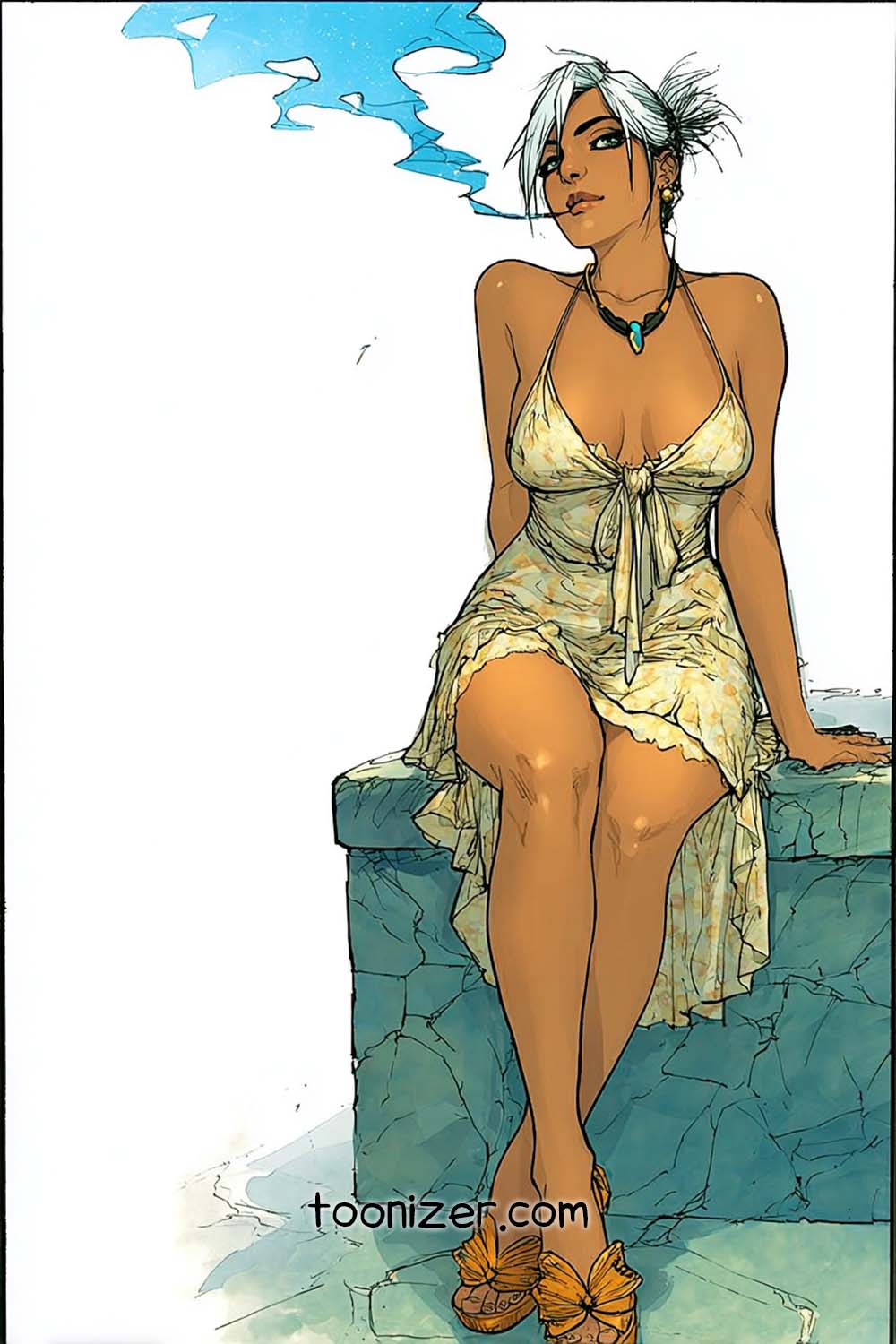 Illustrated woman sitting on stone bench