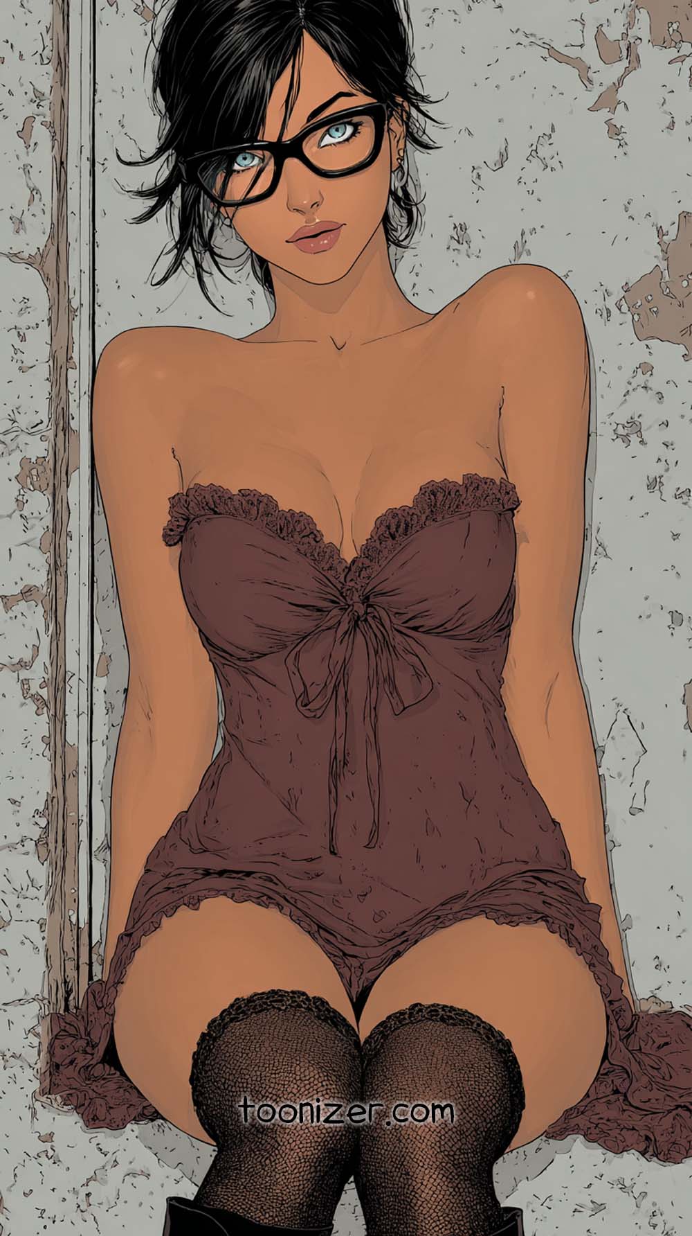 Illustration of a woman with glasses and lingerie.