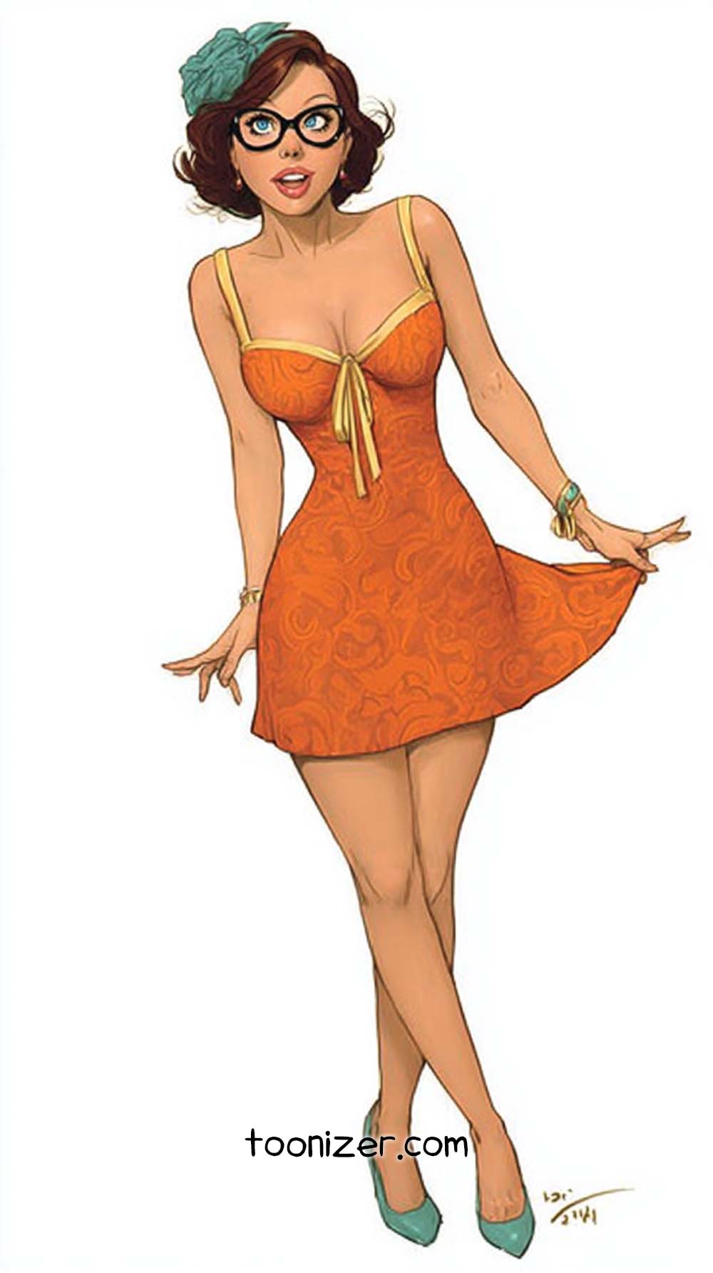 Stylish woman in orange dress illustration