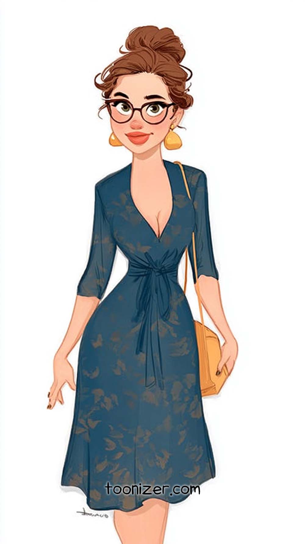 Cartoon woman in blue dress, glasses, and earrings.