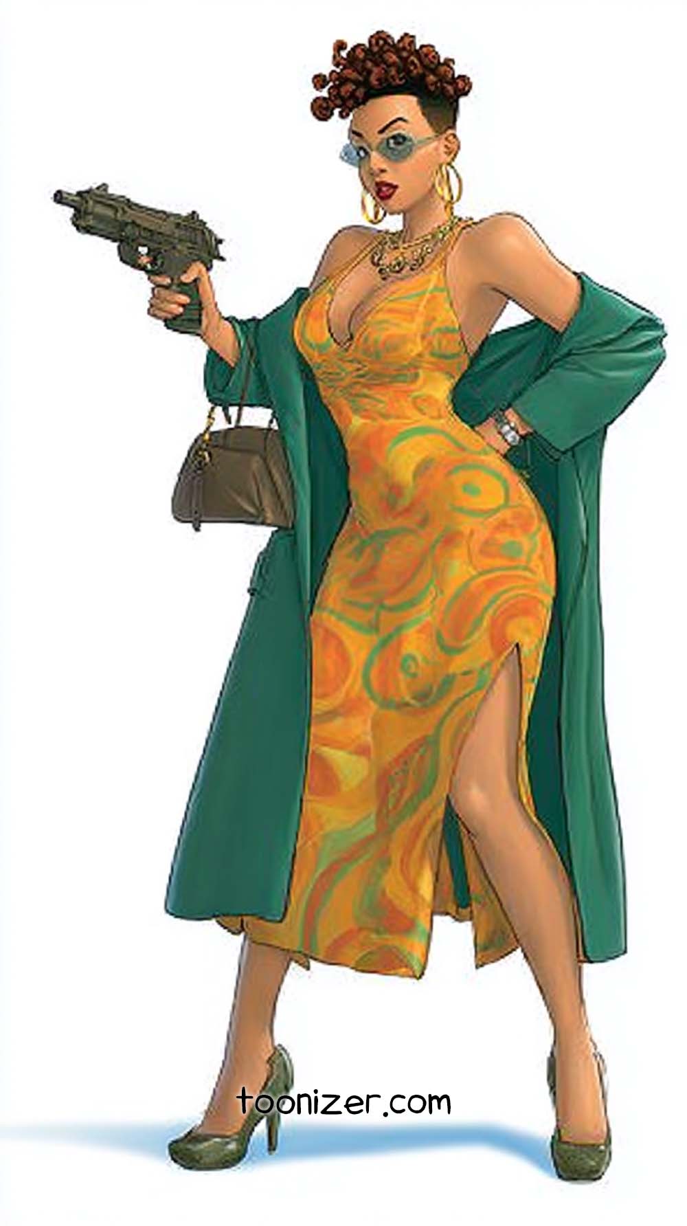 Stylish woman with a gun and green jacket.