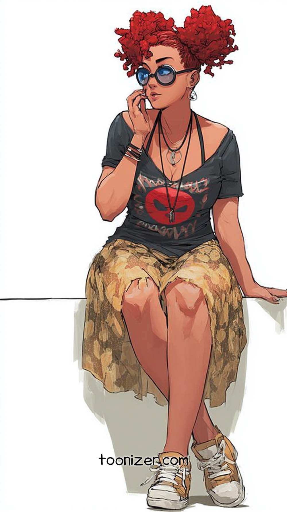 Stylish woman with curly red hair and sunglasses