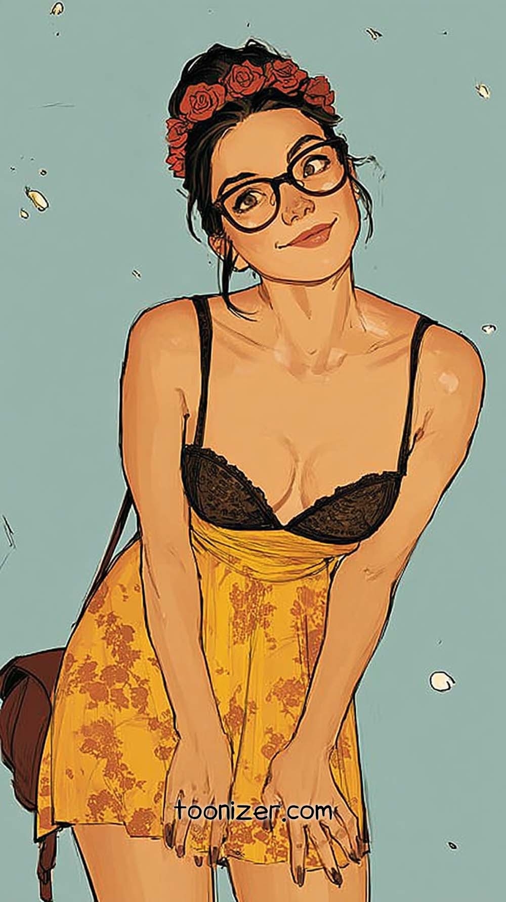 Illustration of woman in floral dress with glasses