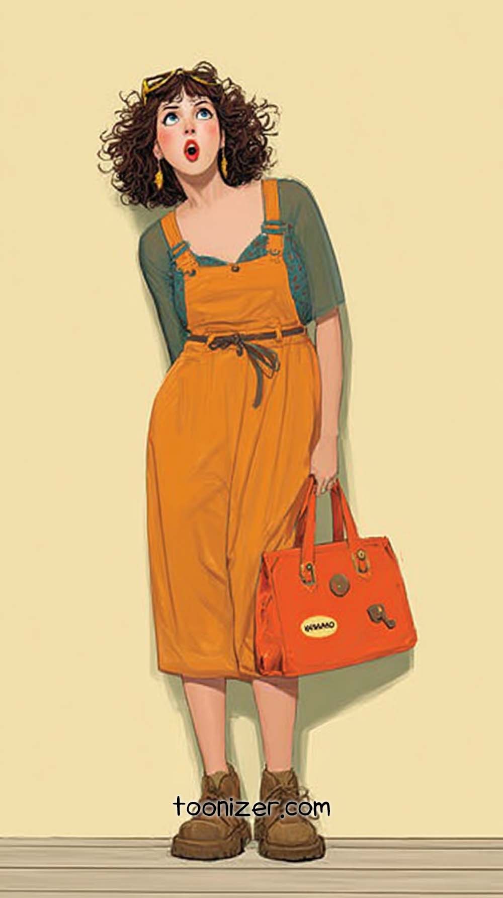 Surprised woman in orange outfit and boots.