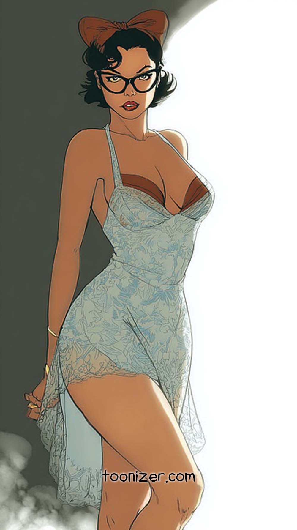 Illustrated woman in vintage glasses and dress.