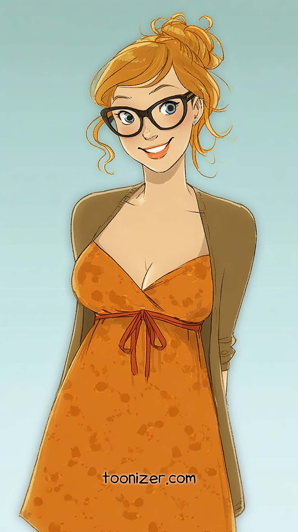 Smiling cartoon woman with glasses and orange dress.