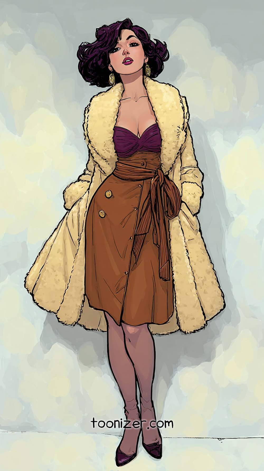 Stylish woman in fur coat and dress illustration.