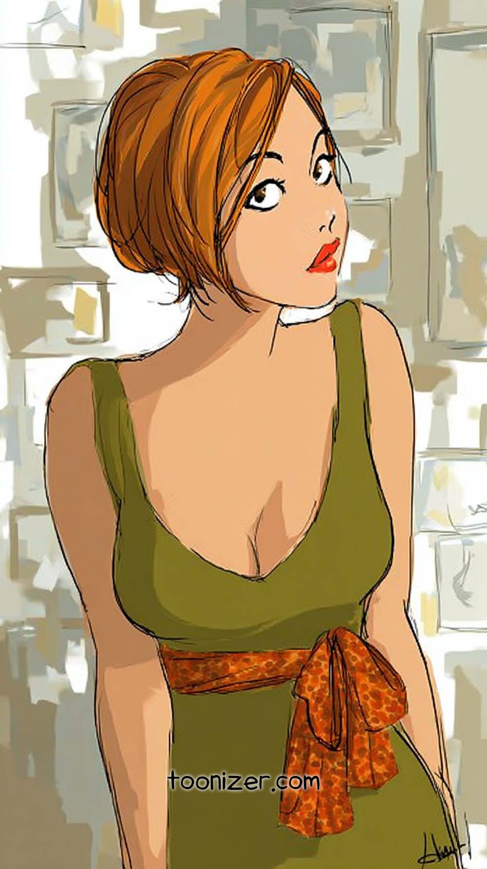 Illustration of a woman with red hair in green dress.