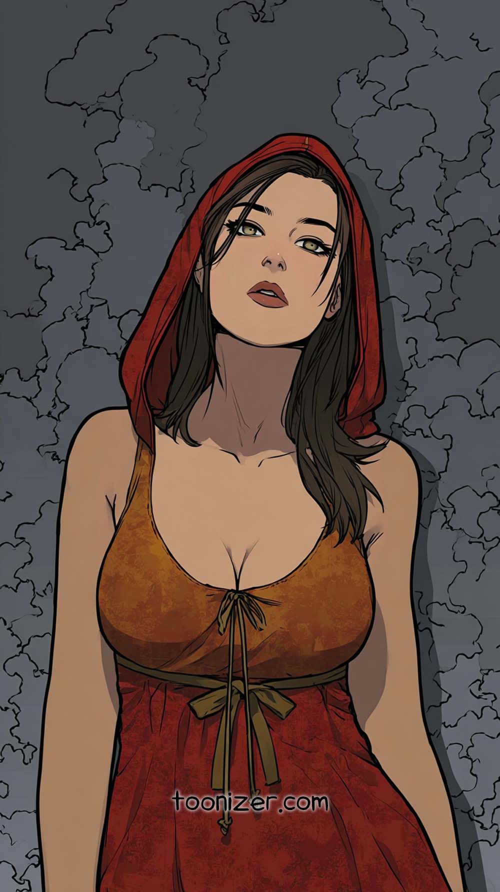 Illustration of woman in red hooded dress.