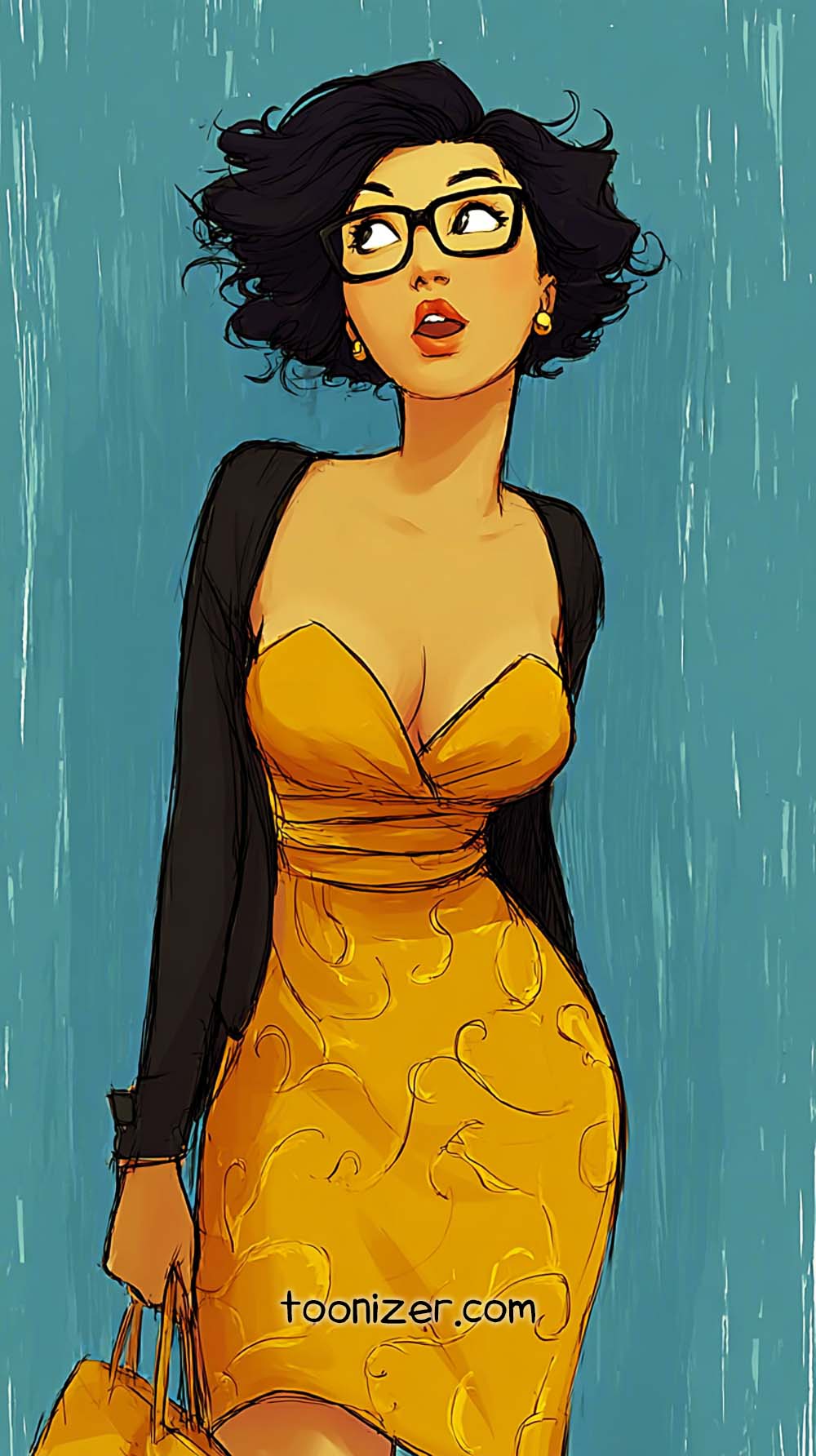 Stylish woman in yellow dress and black cardigan