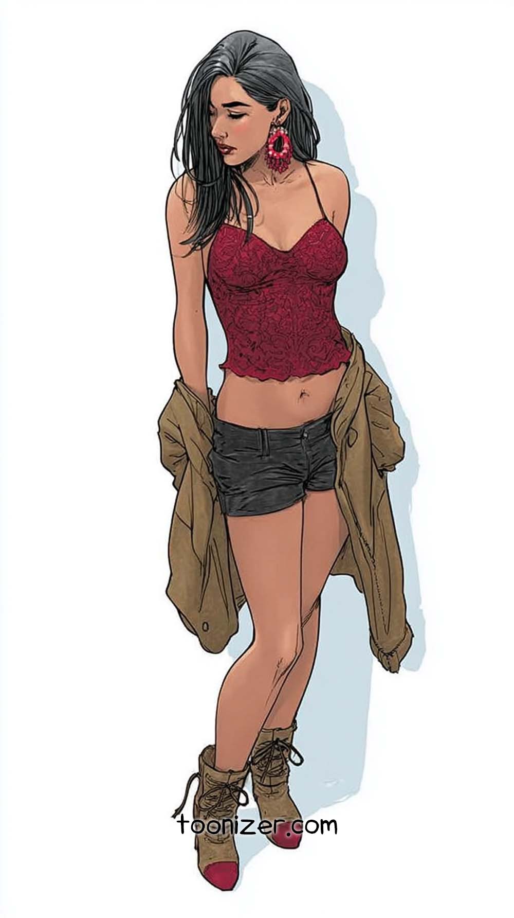 Stylish woman in red top and shorts illustration.
