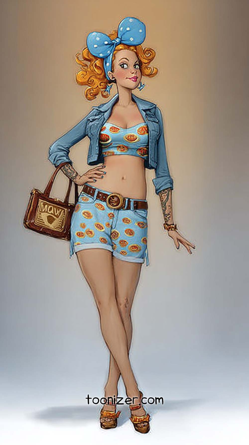 Cartoon woman in denim and polka dots.