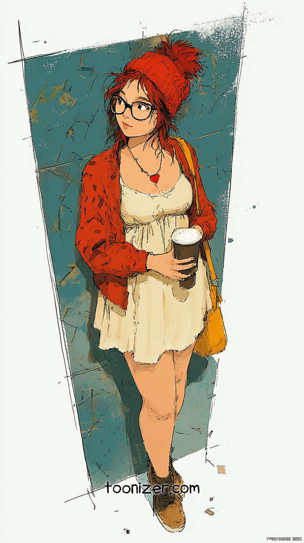 Illustration of woman with coffee, red sweater, glasses.