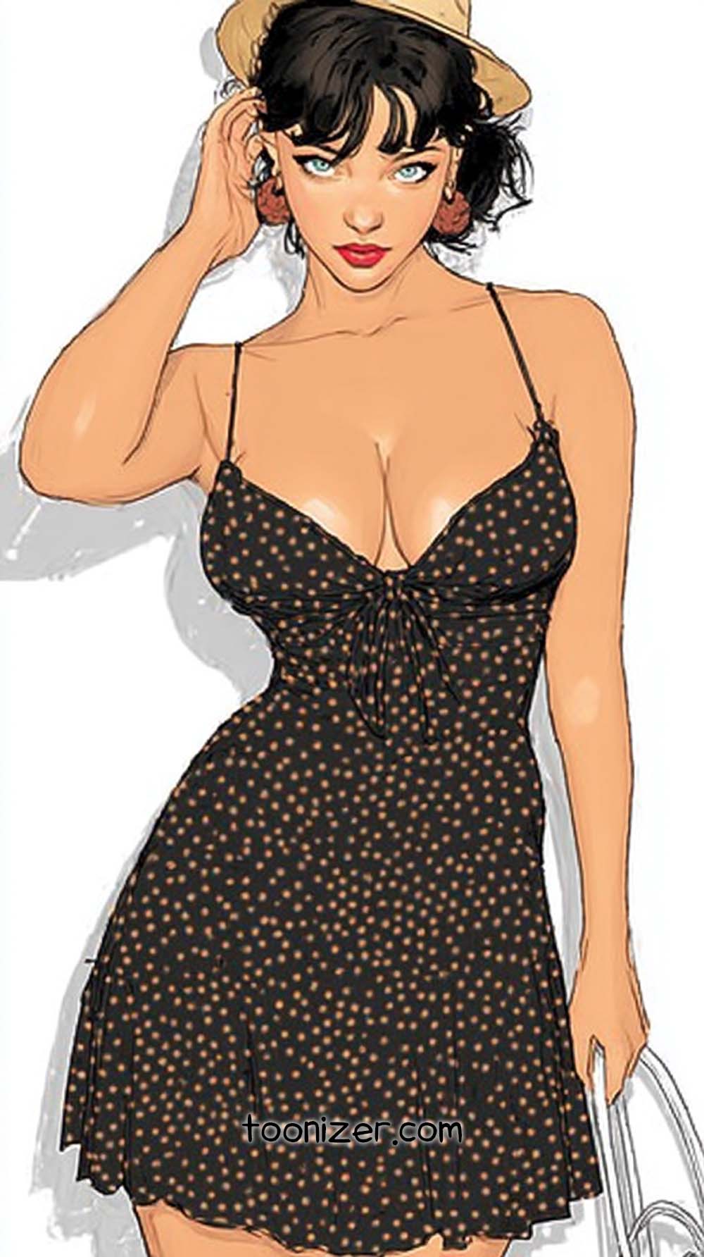 Stylish woman in polka dot dress and hat.