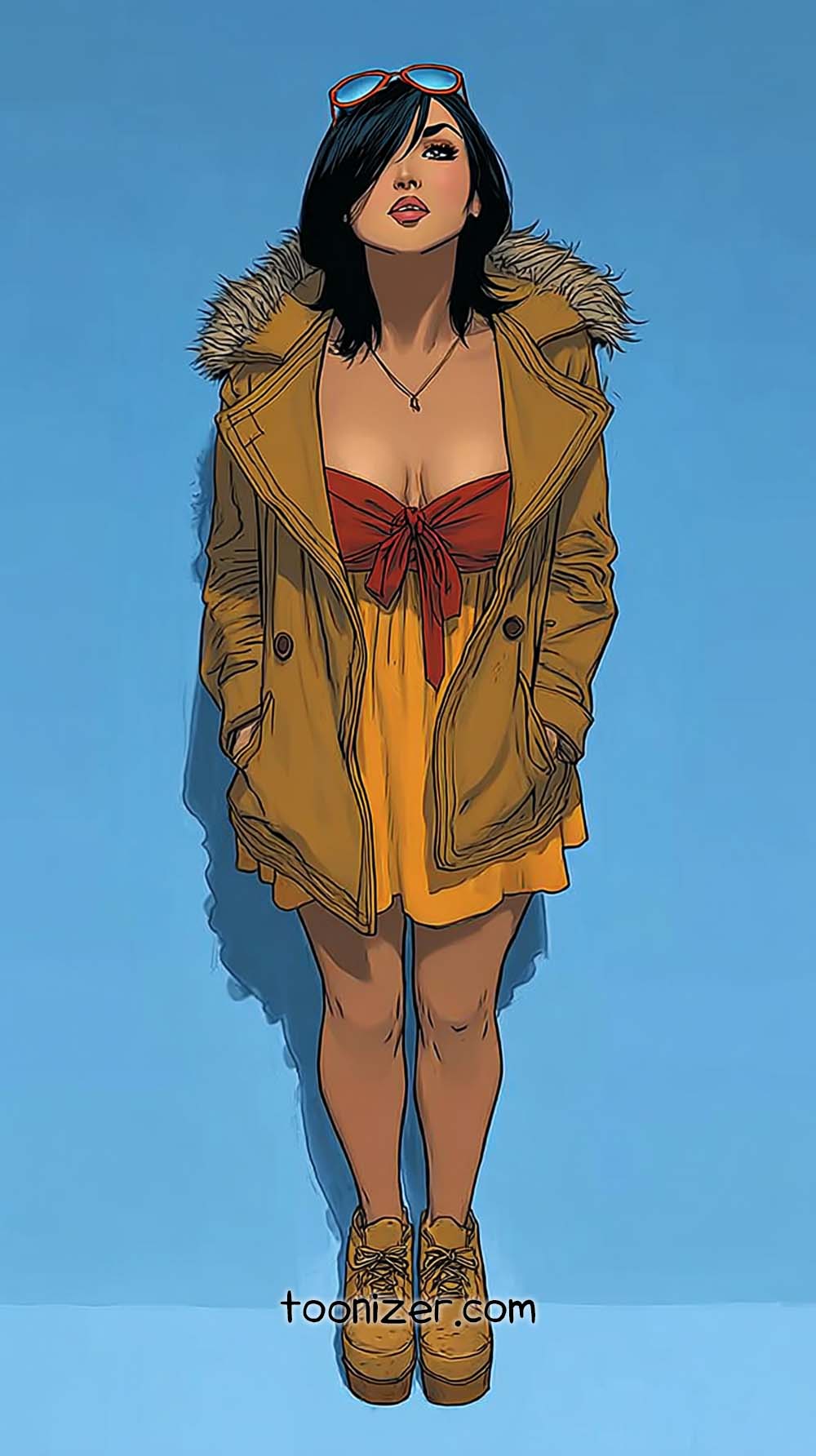 Stylish woman in coat and dress illustration.