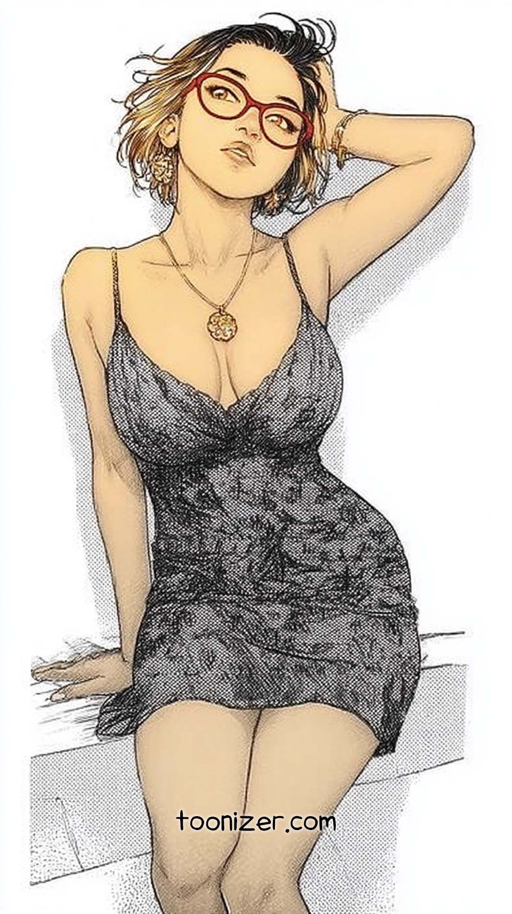 Stylish woman in patterned dress and glasses.