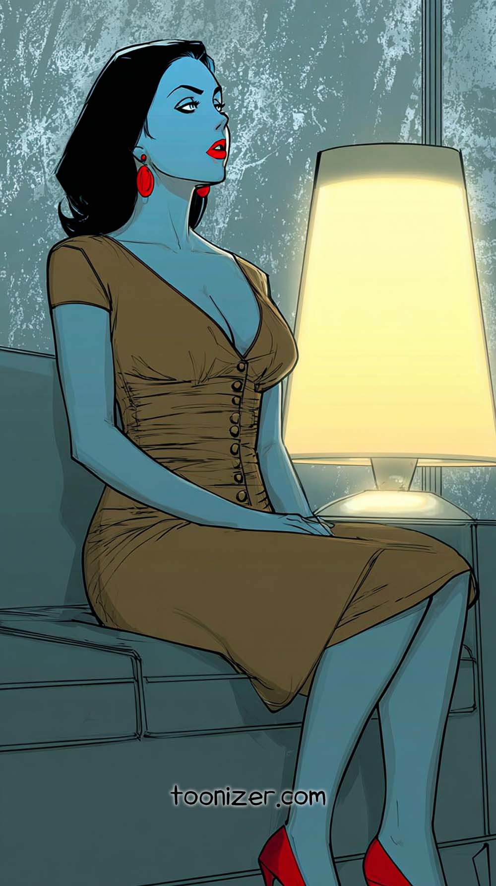 Stylish woman sitting by a lamp, vintage illustration.