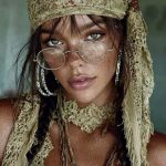 Woman with glasses and lace headscarf.